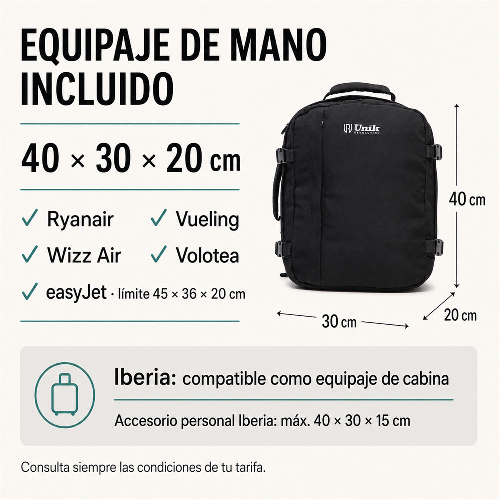 Mochila de cabina 40x30x20 cm con las medidas permitidas por Ryanair, Vueling y Wizz Air