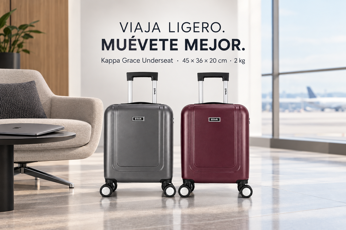 Maletas Kappa Grace Underseat en Gris Oscuro y Burdeos junto a una sala de espera