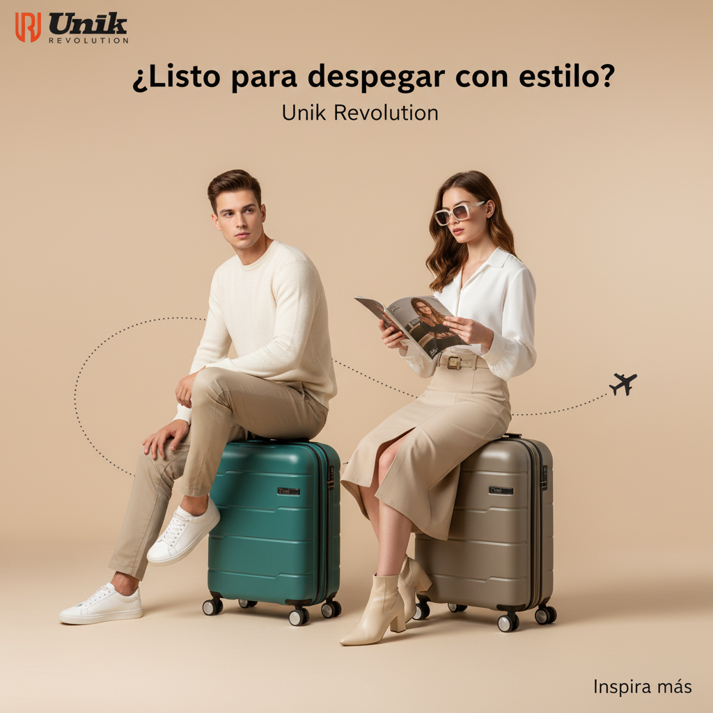 Pareja elegante sentada sobre maletas Unik Revolution Vigo en estudio — ¿Listo para despegar con estilo?