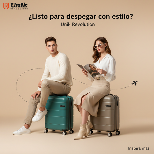 Pareja elegante sentada sobre maletas Unik Revolution Vigo en estudio — ¿Listo para despegar con estilo?