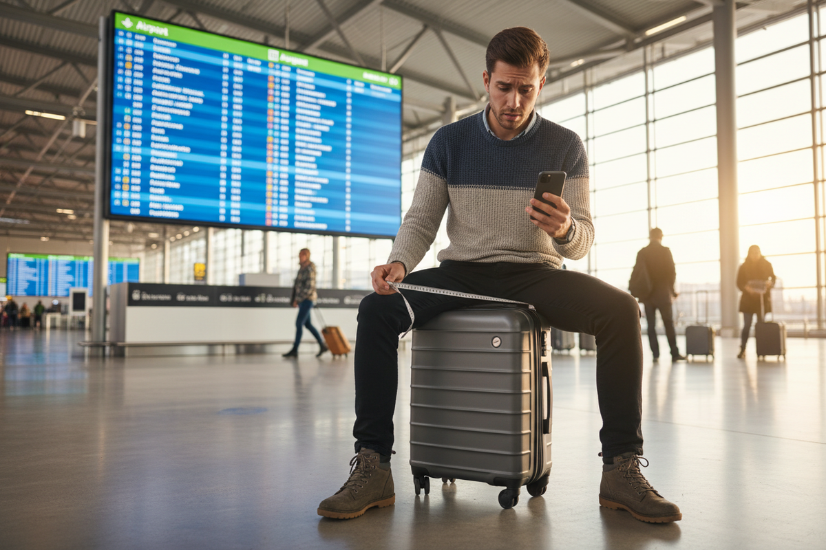 Viajero sentado sobre maleta de cabina pensando en medidas de equipaje permitidas por aerolíneas - Guía equipaje cabina gratis Ryanair Vueling easyJet Iberia