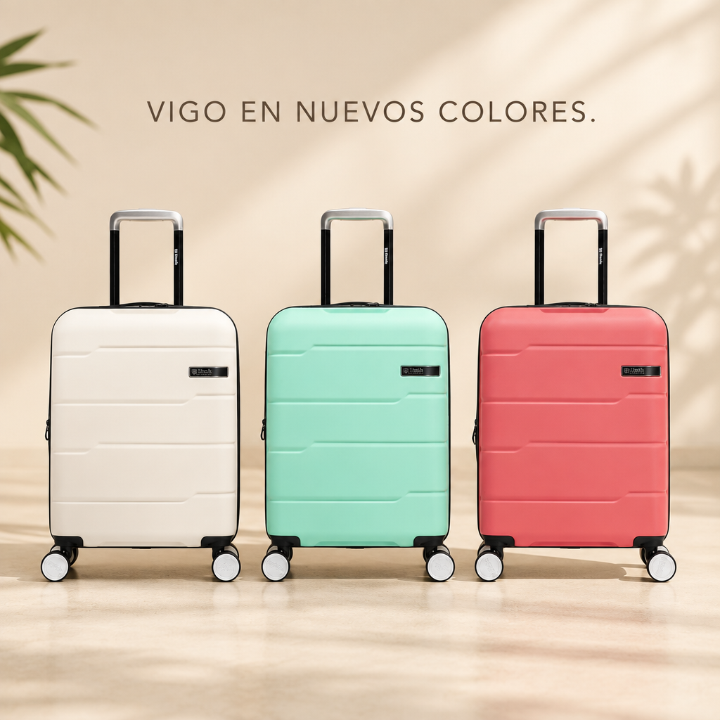 Tres maletas de cabina Vigo en Blanco Jazmín, Verde Menta y Rosa Fucsia