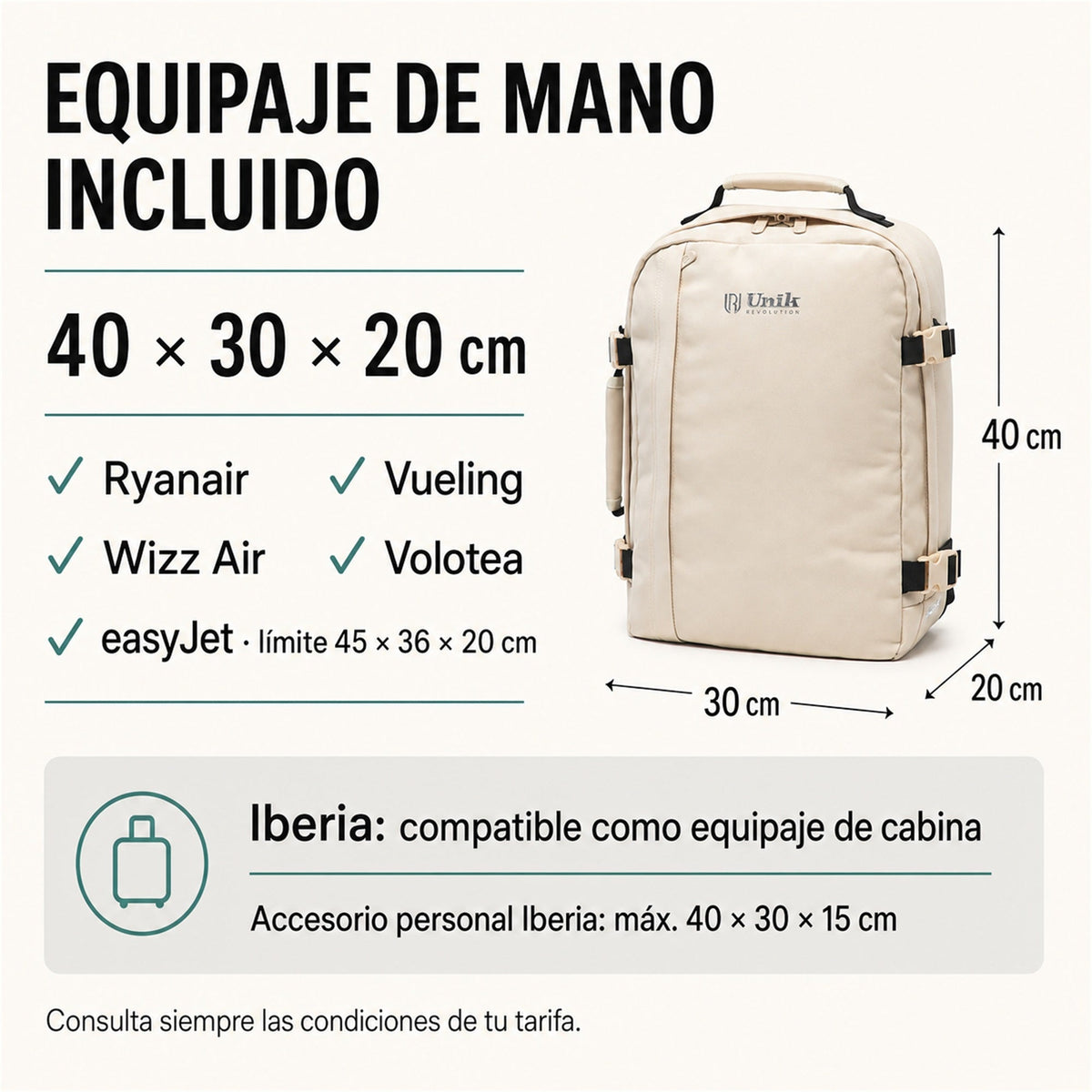 Mochila de cabina Aero Fit 40x30x20 en Beige Natural, medidas y aerolíneas