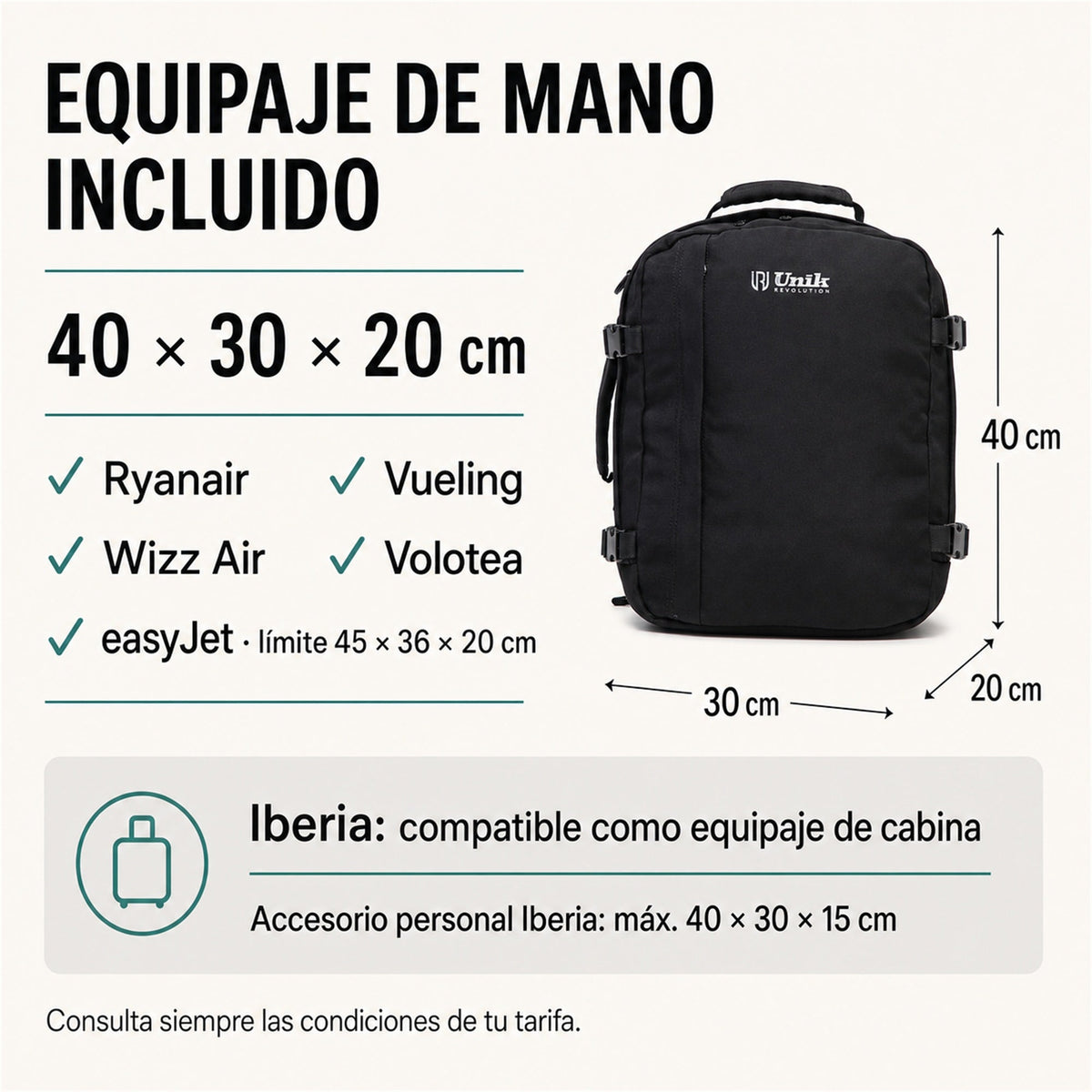 Mochila de cabina Aero Fit 40x30x20 en Negro, medidas y aerolíneas