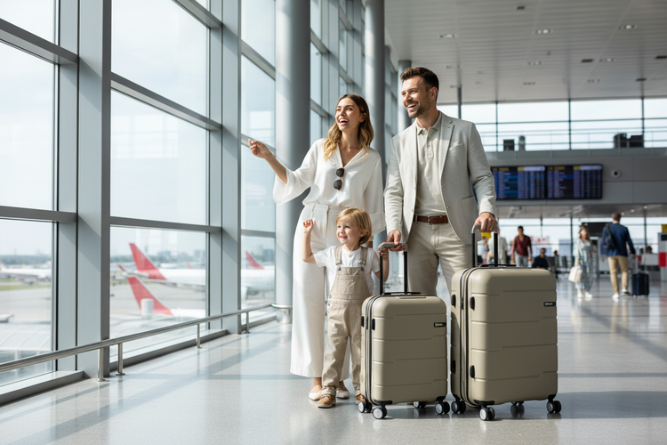 Familia feliz con juego completo de 3 maletas Vigo en aeropuerto - Pack familiar de equipaje