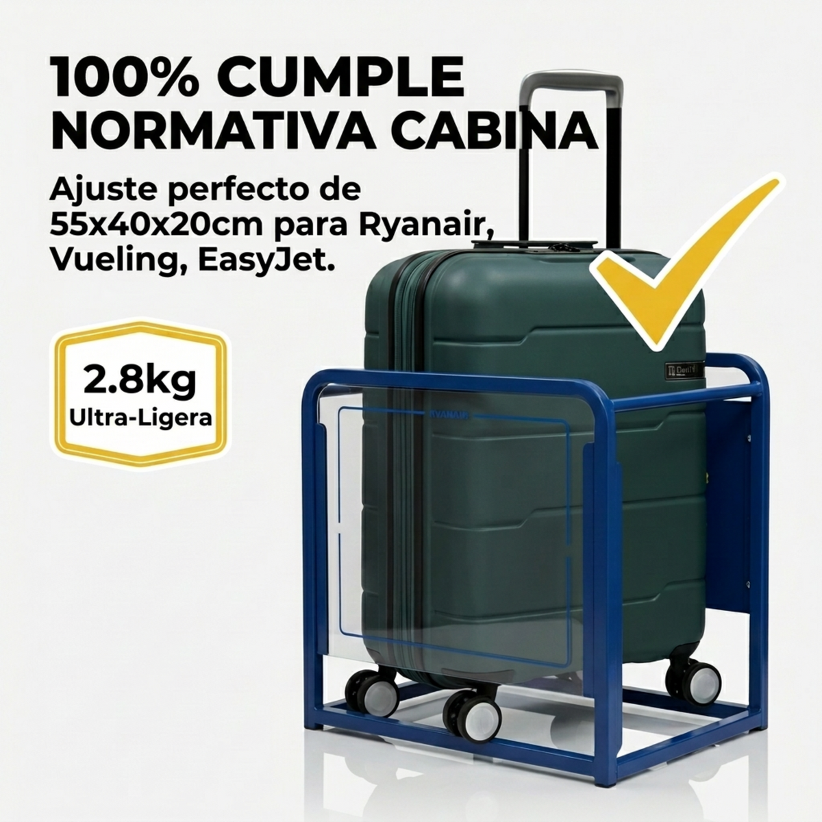 Medidas de la maleta de cabina Vigo: 55x40x20 cm con las ruedas incluidas